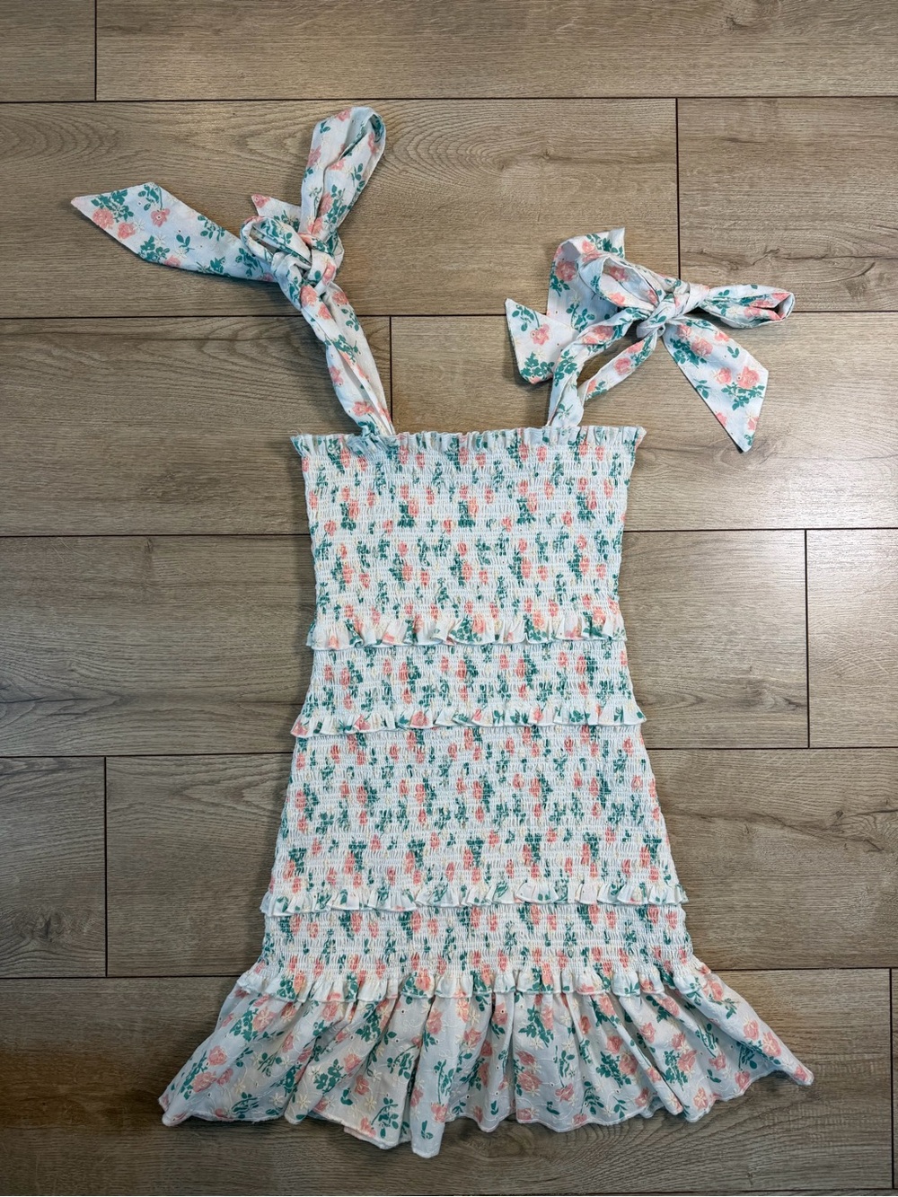 Mable Floral Tie-Shoulder Smocked Dress in White, Green & Coral